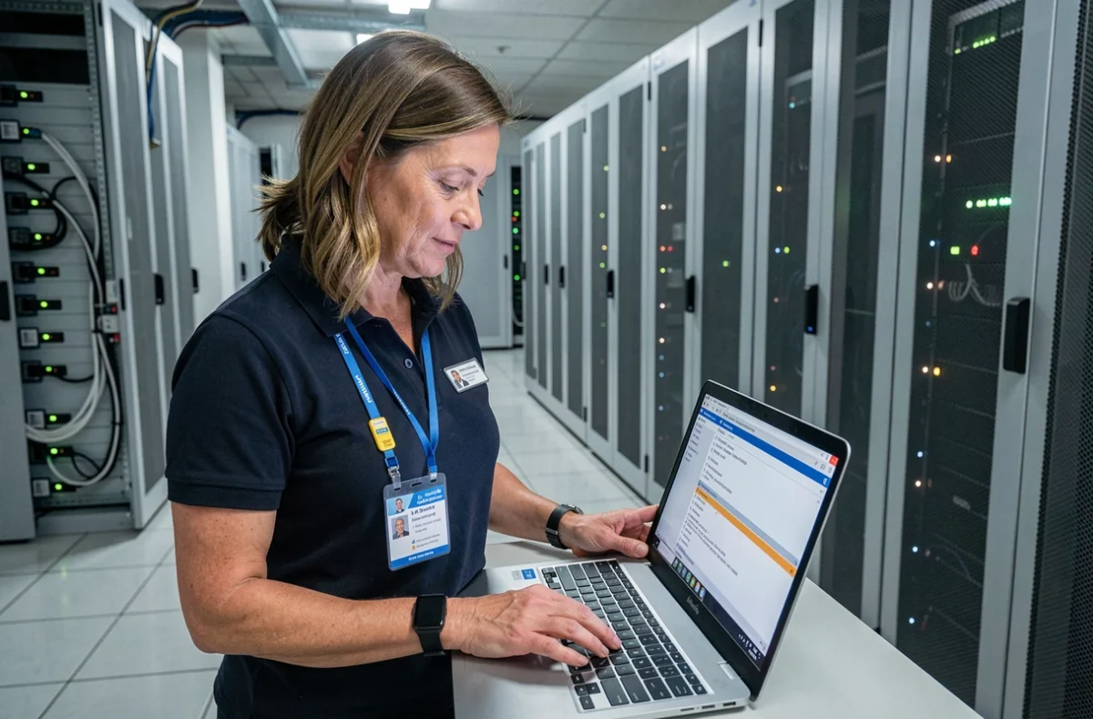 Administratrice réseau configurant des protocoles de messagerie électronique sécurisés dans une salle de serveurs professionnelle