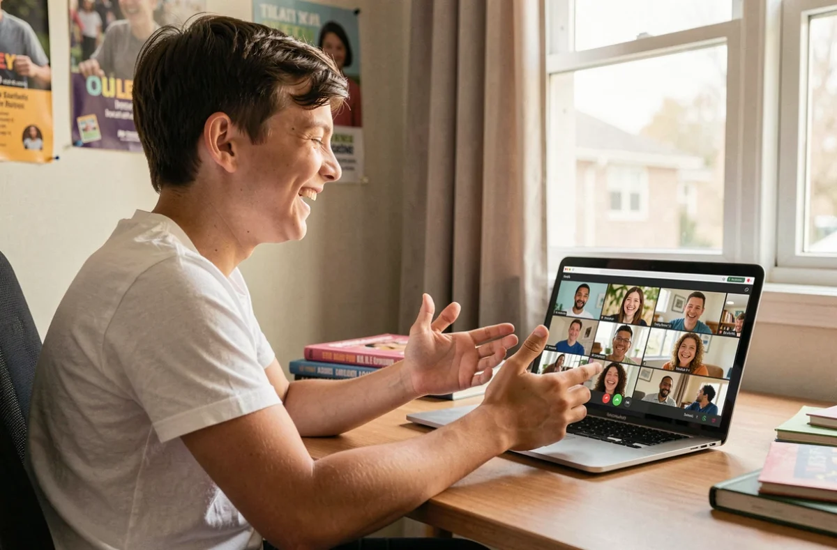 Adolescent souriant lors d'un appel vidéo avec ses amis sur ordinateur portable, montrant comment Internet transforme les interactions sociales à distance