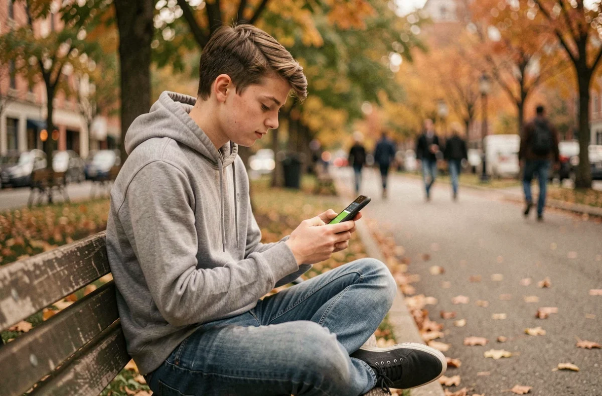 Adolescent naviguant sur son téléphone mobile dans un parc urbain en automne