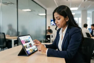 Femme professionnelle analysant un fil d'actualité sur tablette dans un bureau moderne, illustrant l'utilisation des algorithmes de médias sociaux
