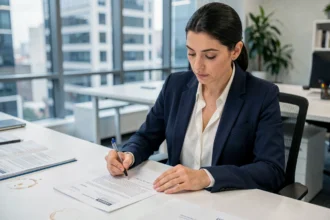 Femme professionnelle analysant des documents de conformité RGPD dans un bureau moderne