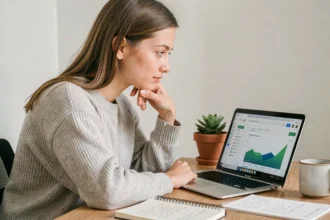 Jeune femme analysant des mots-clés SEO gratuitement sur Google Search Console depuis son bureau à domicile