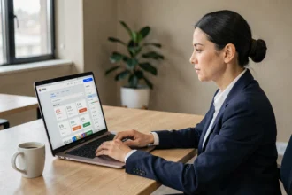 Femme d'affaires analysant les tarifs d'Unbounce sur un ordinateur portable dans un bureau moderne