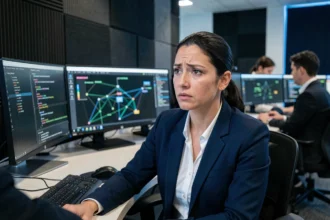 Analyste en cybersécurité scrutant des écrans de code dans un centre opérationnel, illustrant la cyber-vulnérabilité en entreprise