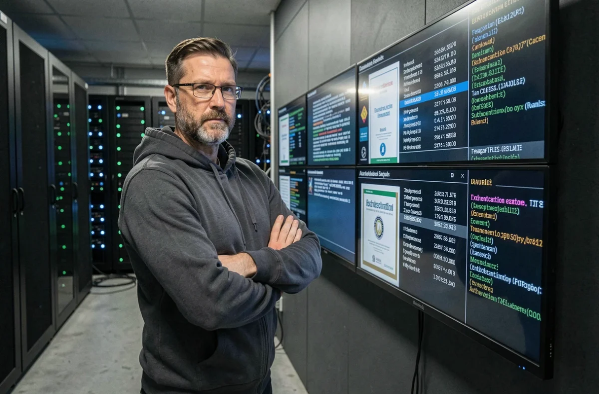Analyste en sécurité informatique surveillant des journaux d'authentification et de non-répudiation dans une salle de serveurs