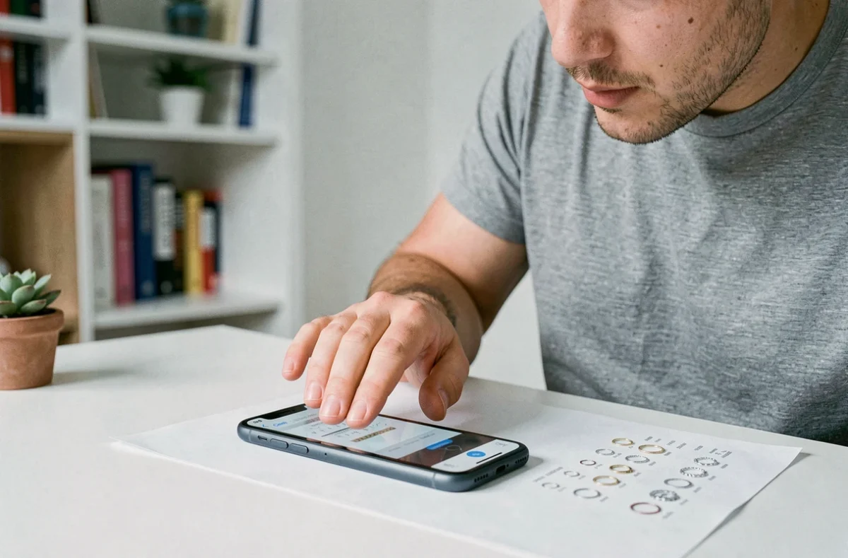 Homme utilisant une application de mesure de doigt sur smartphone avec un guide imprimé sur un bureau blanc
