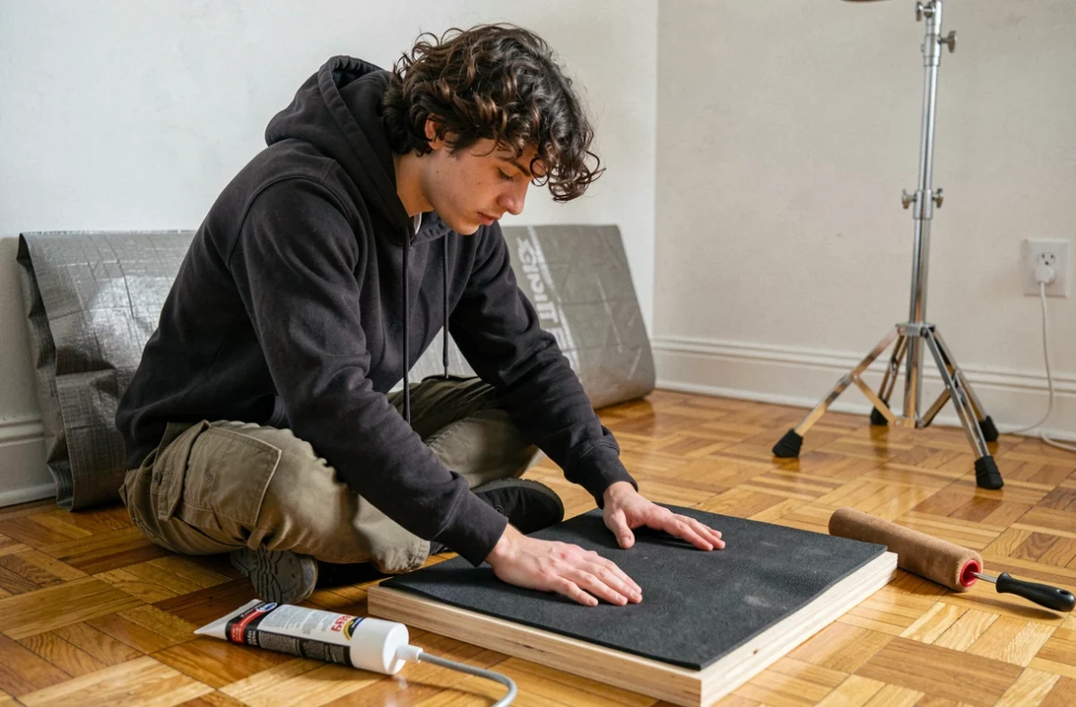 Jeune homme assemblant un pad de pratique fait maison en collant une surface en caoutchouc sur une base en contreplaqué dans un appartement
