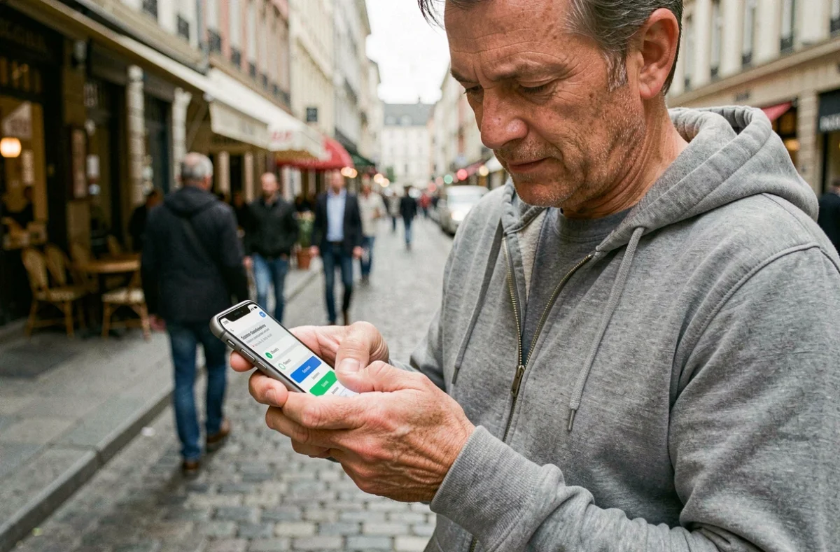 Homme acceptant des permissions de données sur son smartphone en milieu urbain