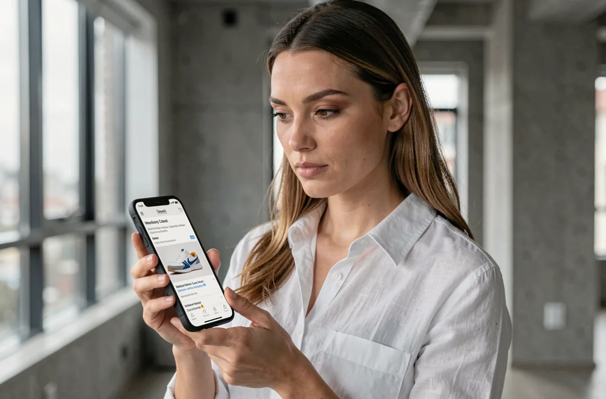 Femme consultant les avis clients sur un site de vente de sneakers depuis son smartphone