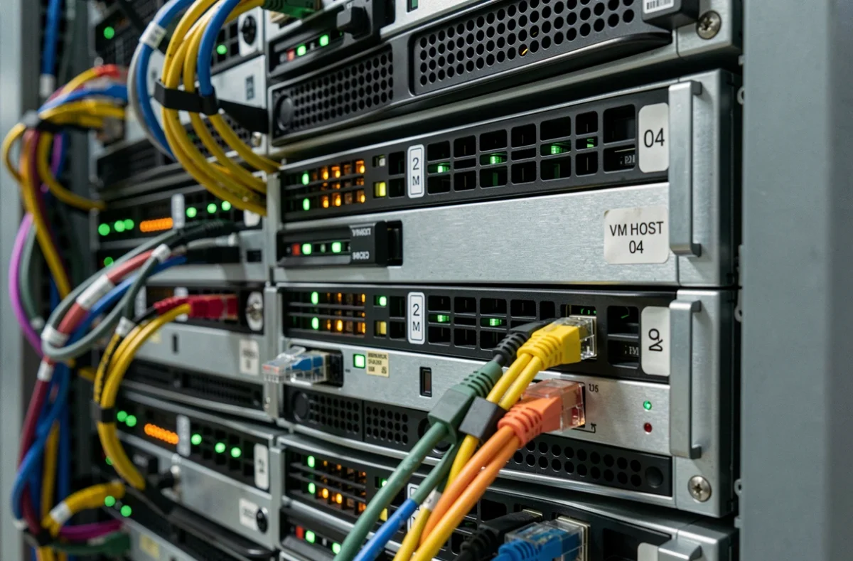 Baie de serveurs physiques dans un datacenter professionnel avec étiquettes d'hôtes de machines virtuelles et câblage réseau organisé
