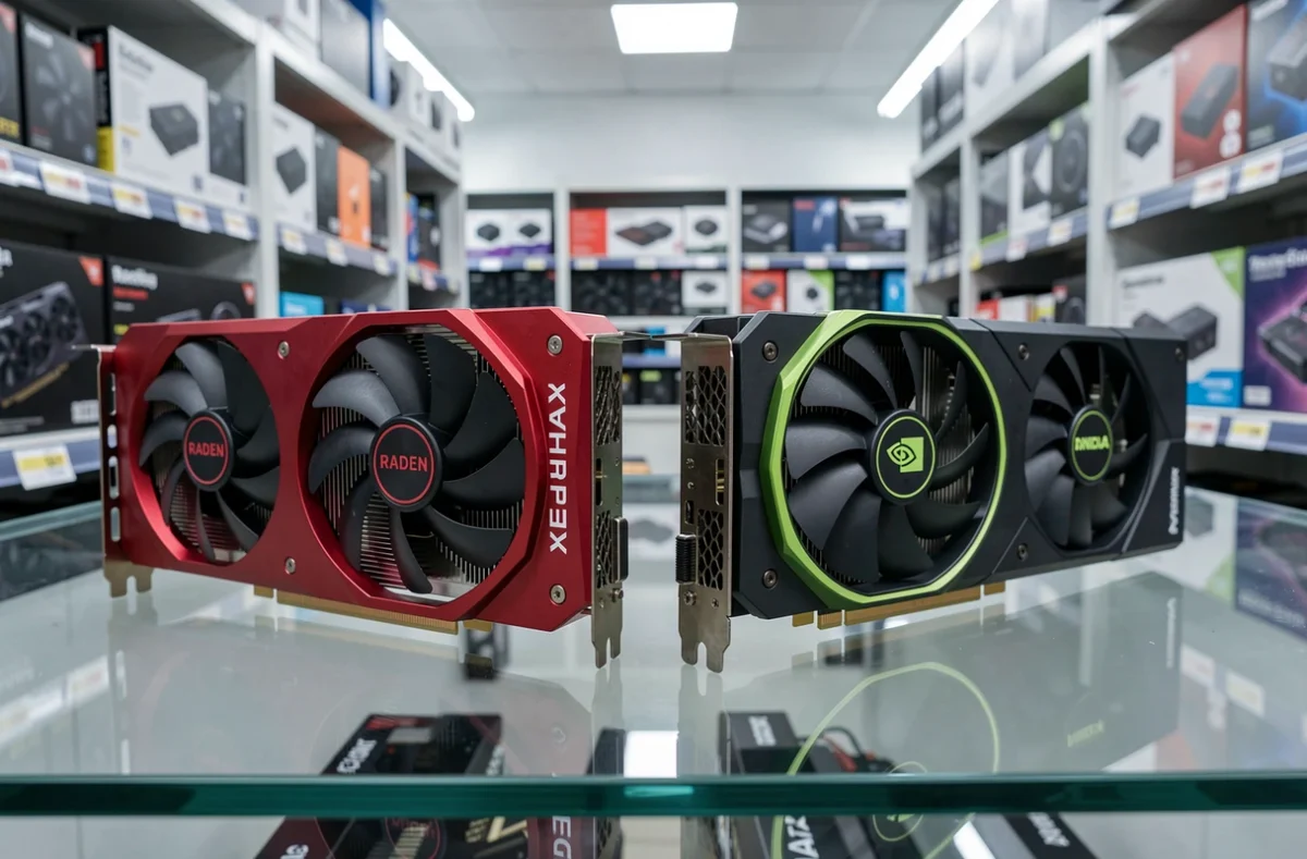 Deux cartes graphiques AMD et NVIDIA disposées côte à côte sur un comptoir de magasin informatique pour comparaison