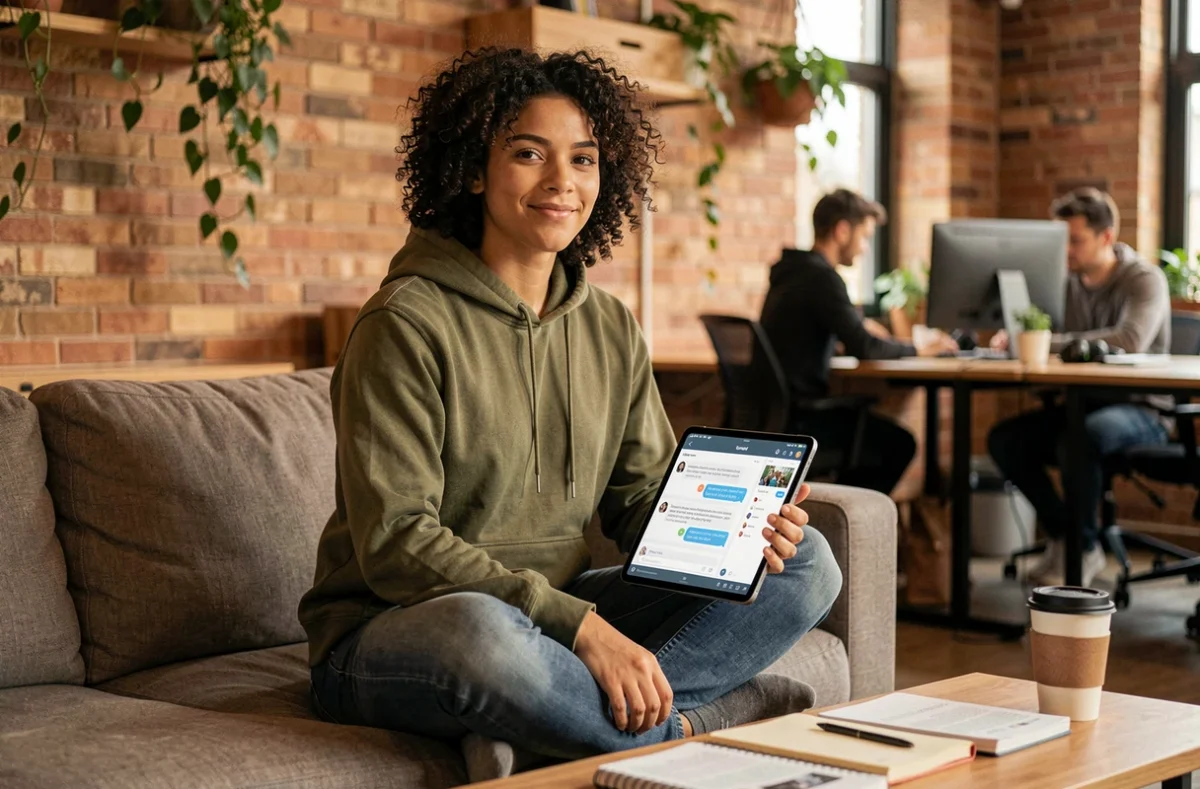 Jeune personne conversant avec un chatbot IA sur tablette dans un espace de coworking
