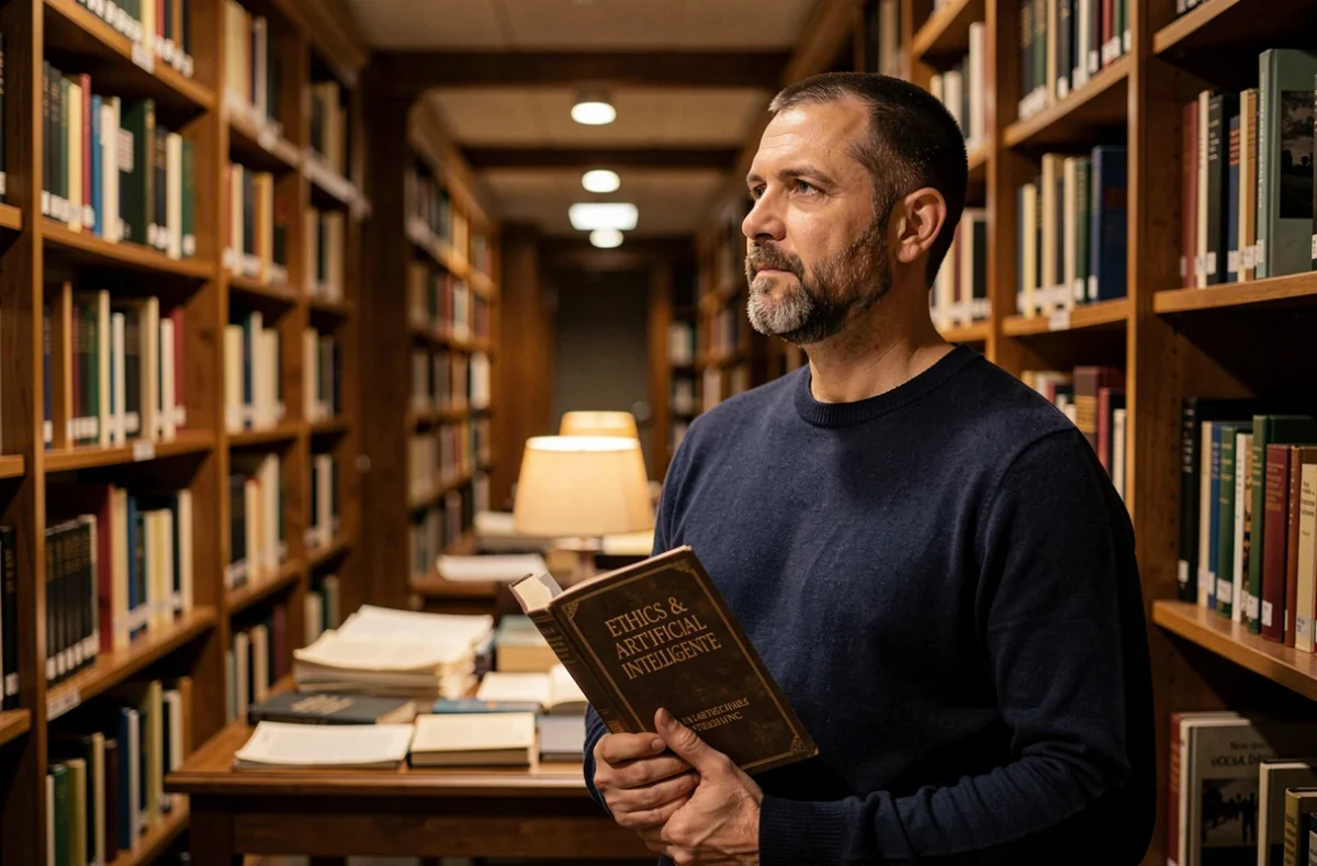 Chercheur universitaire consultant un ouvrage sur l'éthique de l'intelligence artificielle dans une bibliothèque académique