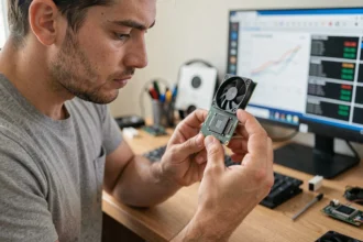 Homme examinant un processeur CPU dans un bureau à domicile pour choisir le meilleur composant pour son PC