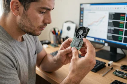 Homme examinant un processeur CPU dans un bureau à domicile pour choisir le meilleur composant pour son PC