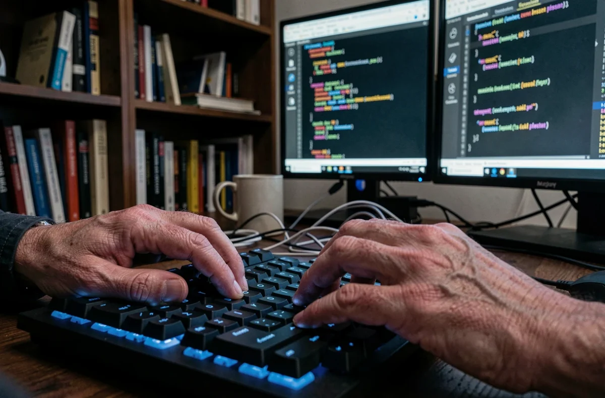Mains de développeur codant des modules logiciels Python sur clavier mécanique dans un bureau à domicile