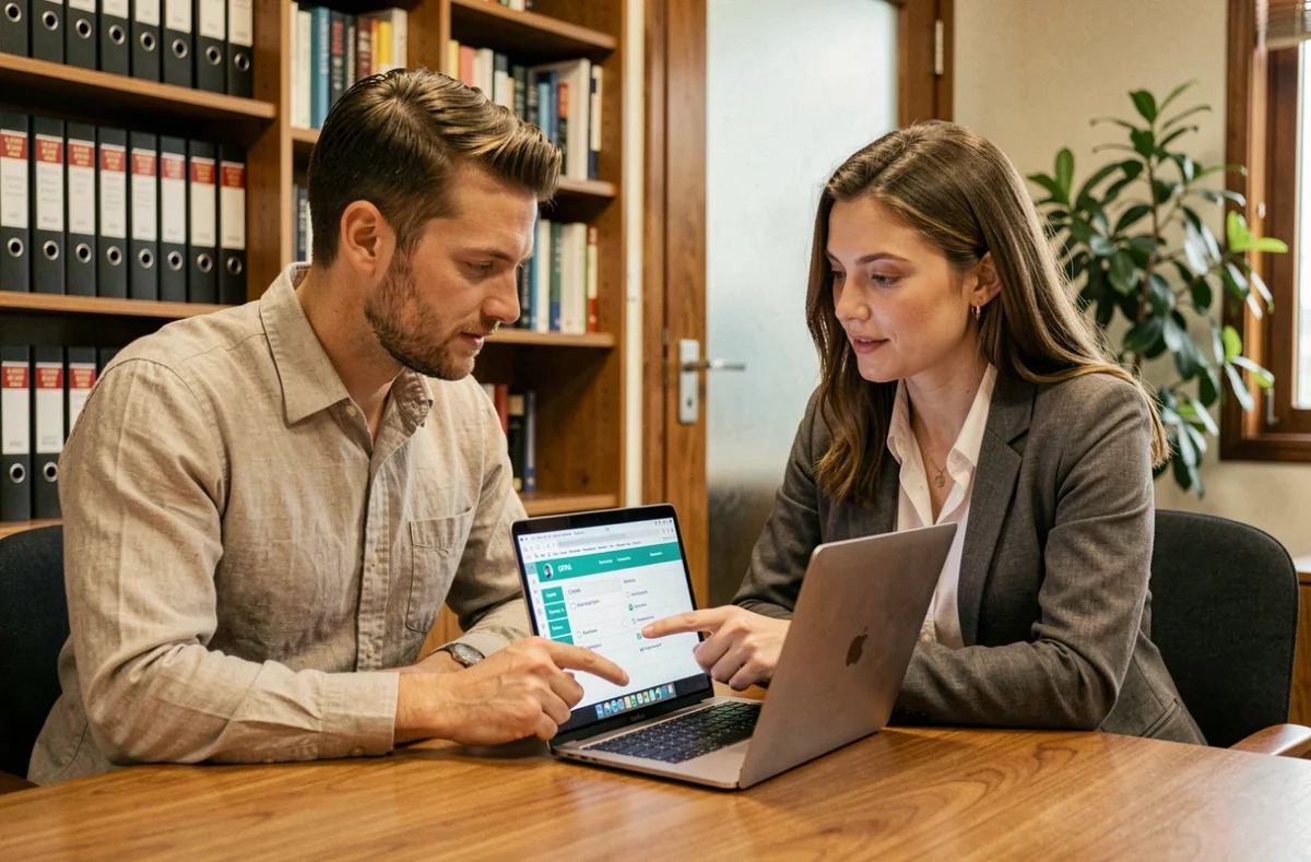 Deux professionnels collaborant sur une checklist de conformité RGPD devant un ordinateur portable