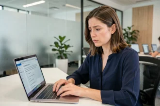 Femme consultant une politique de confidentialité sur son ordinateur portable dans un bureau moderne