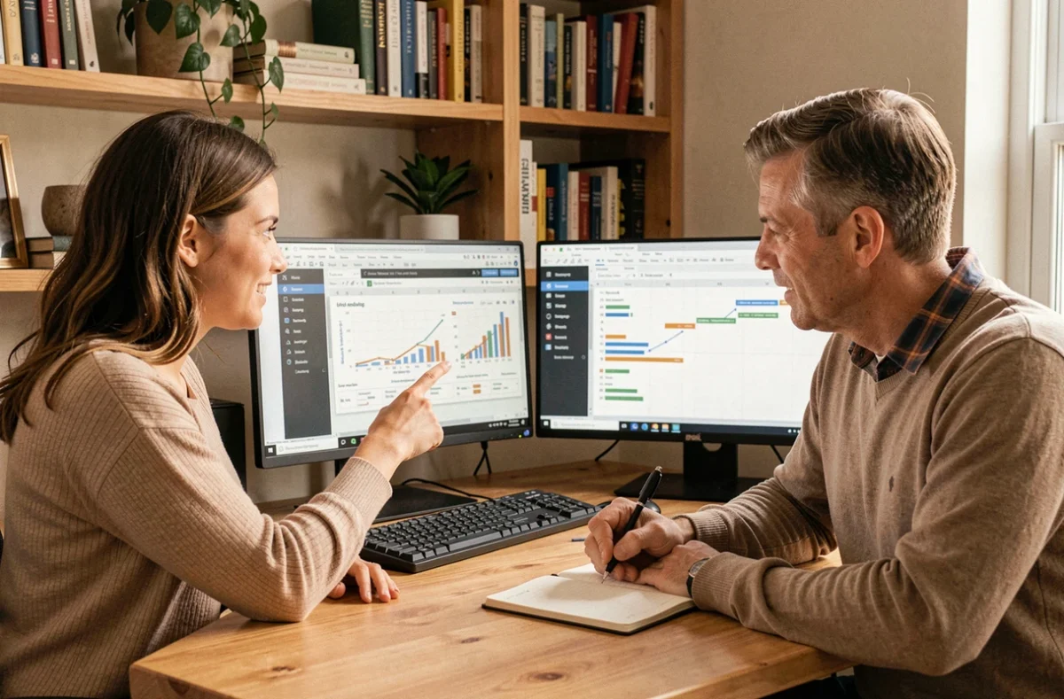 Deux collègues collaborant sur des outils d'analyse web et des tableaux de données dans un bureau à domicile