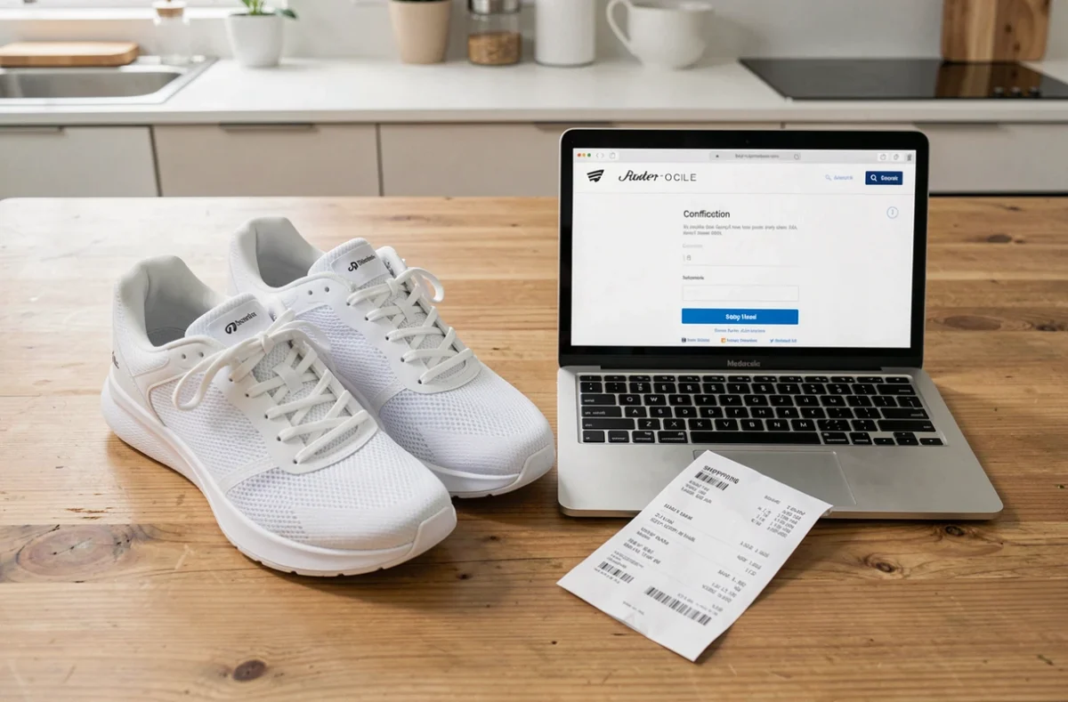 Sneakers neuves reçues après une commande sur un site en ligne avec confirmation de livraison