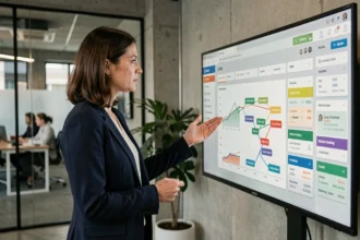 Commerciale utilisant un logiciel CRM sur grand écran pour gérer le pipeline de vente en entreprise