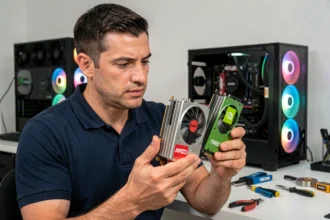 Technicien comparant une carte graphique AMD et une carte graphique NVIDIA dans un atelier de montage PC professionnel
