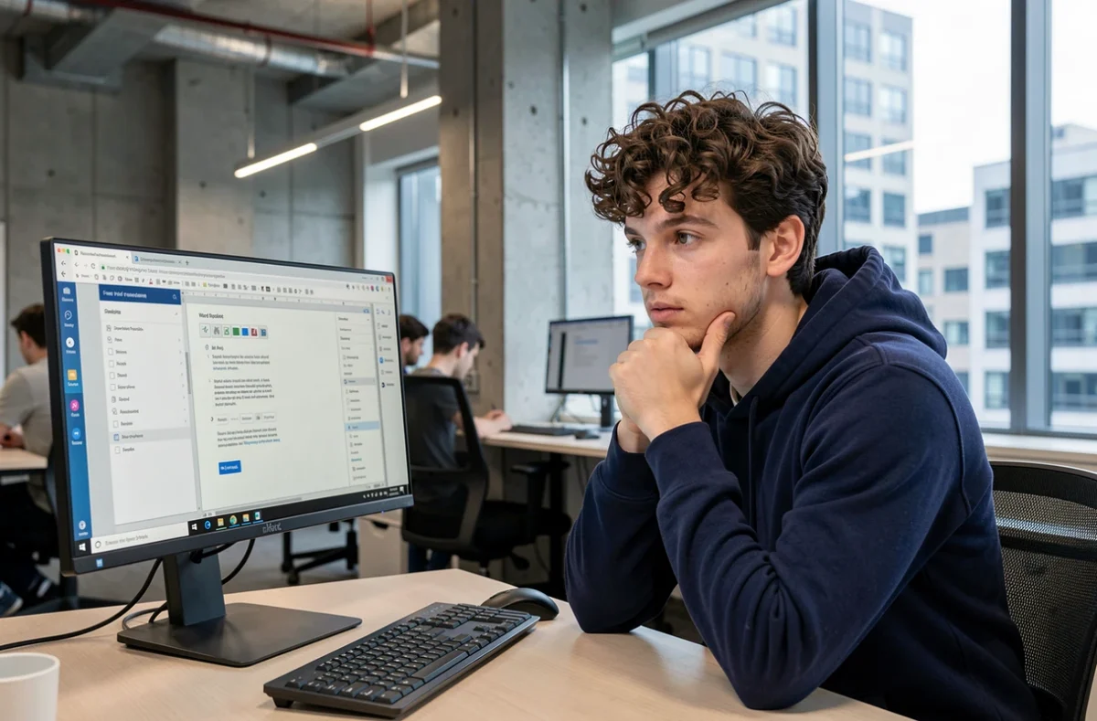 Jeune homme comparant des logiciels de traitement de texte gratuits sur un ordinateur de bureau en espace de coworking