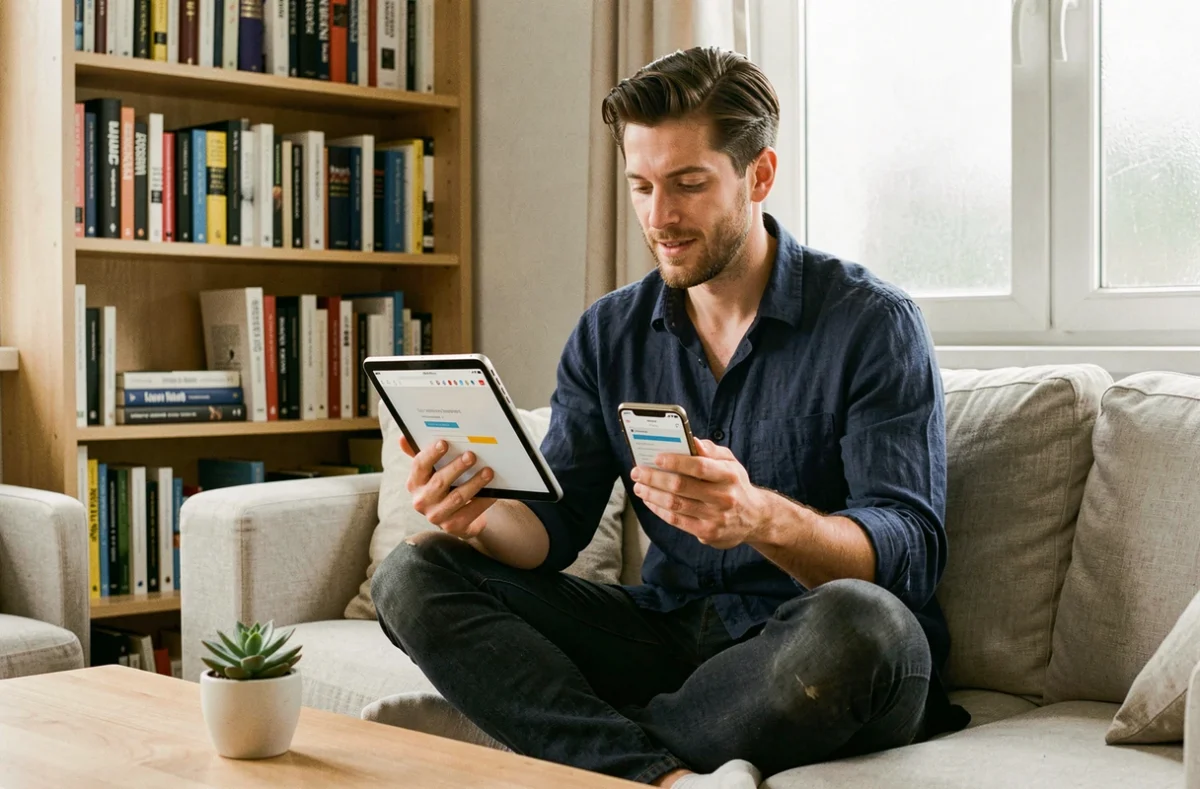 Designer UX comparant l'affichage d'un site responsive sur tablette et smartphone dans un espace de travail à domicile