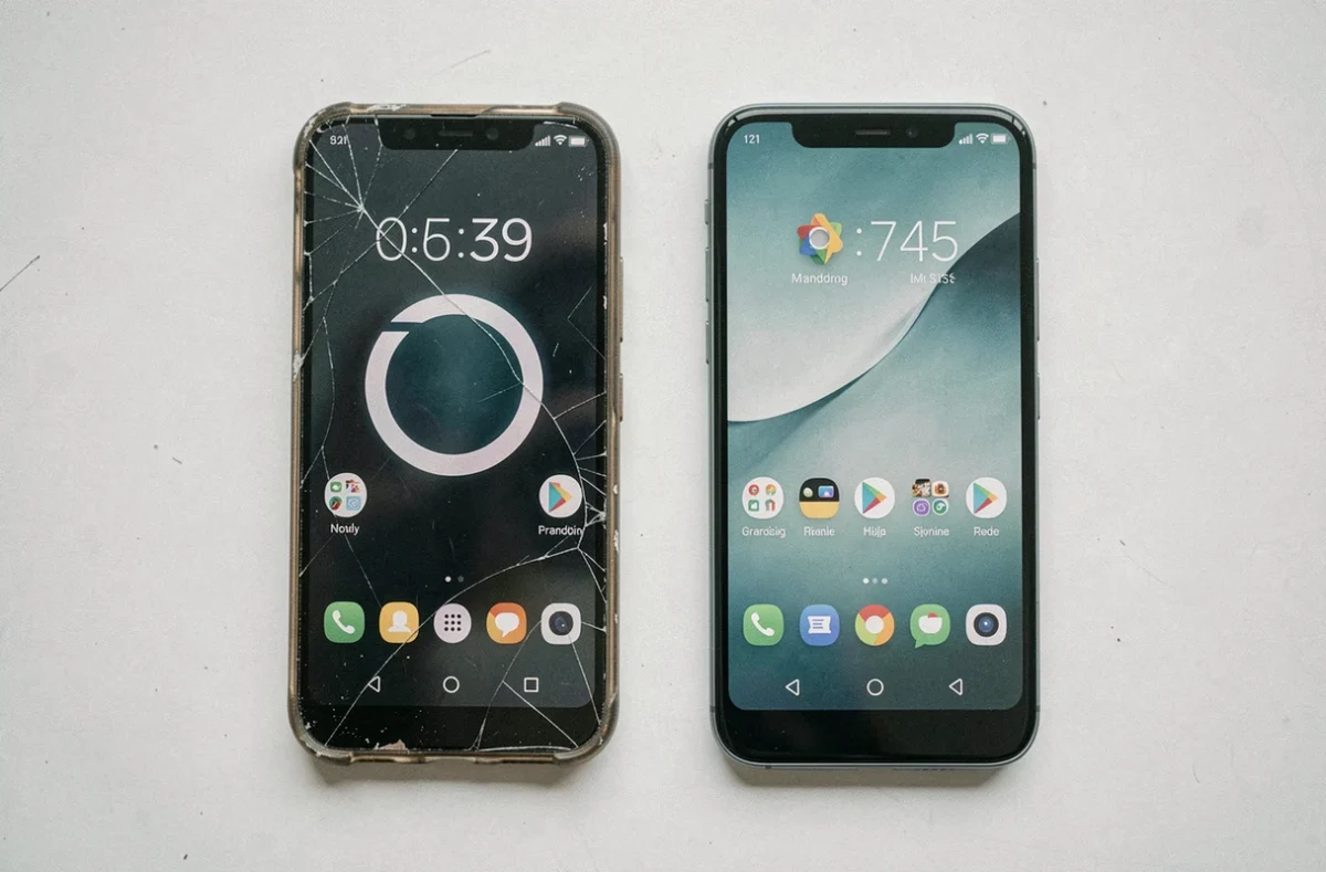 Comparaison de deux smartphones Android anciens et récents posés à plat sur fond blanc