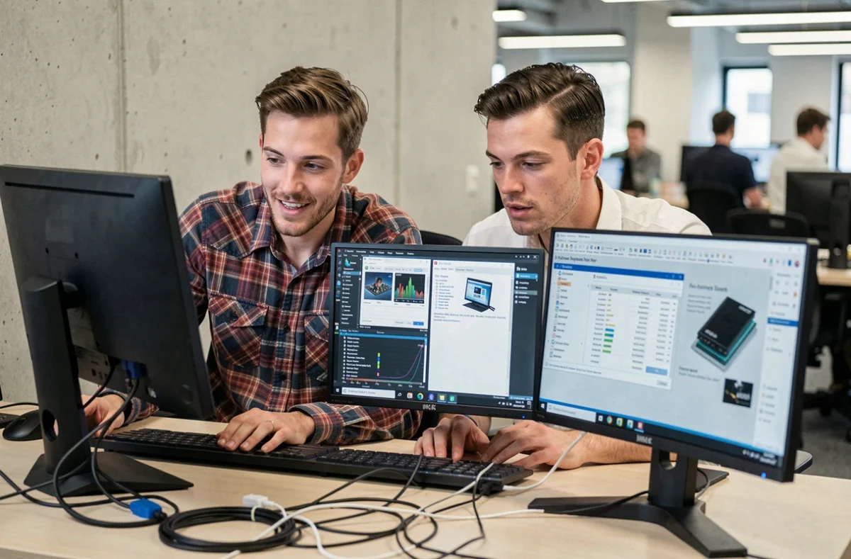 Deux hommes comparant les spécifications de processeurs sur des écrans pour déterminer le meilleur CPU pour un PC