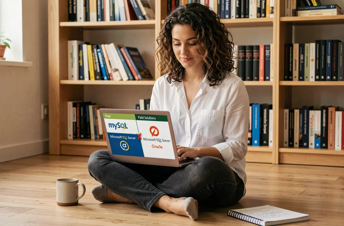Femme comparant des outils SQL gratuits et payants sur son laptop dans un bureau à domicile minimaliste