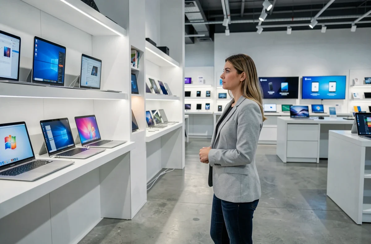 Femme comparant des appareils sous différents systèmes d'exploitation dans un magasin de technologie moderne
