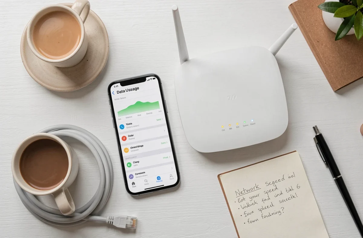 Comparaison visuelle entre routeur WiFi et smartphone 5G posés sur un bureau, illustration consommation données