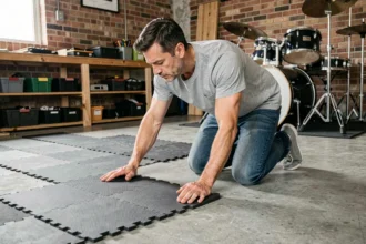 Batteur construisant un pad de répétition en posant des dalles de mousse isolante sur le sol d'un garage