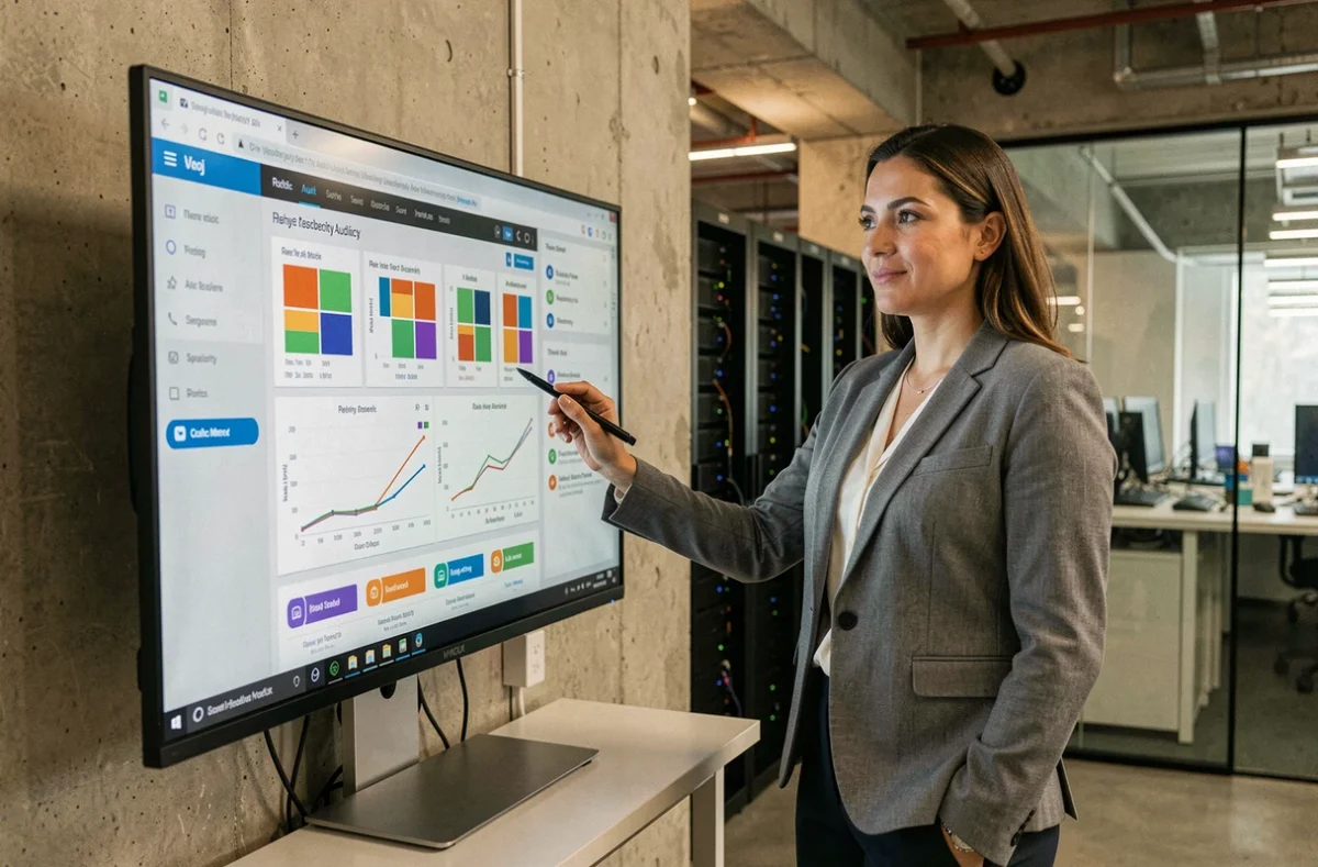 Consultante en sécurité informatique présentant un tableau de bord d'audit ISO 27001 dans un bureau technologique moderne