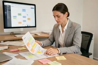 Consultante SEO analysant un rapport d'audit technique on-page avec annotations sur un bureau de travail