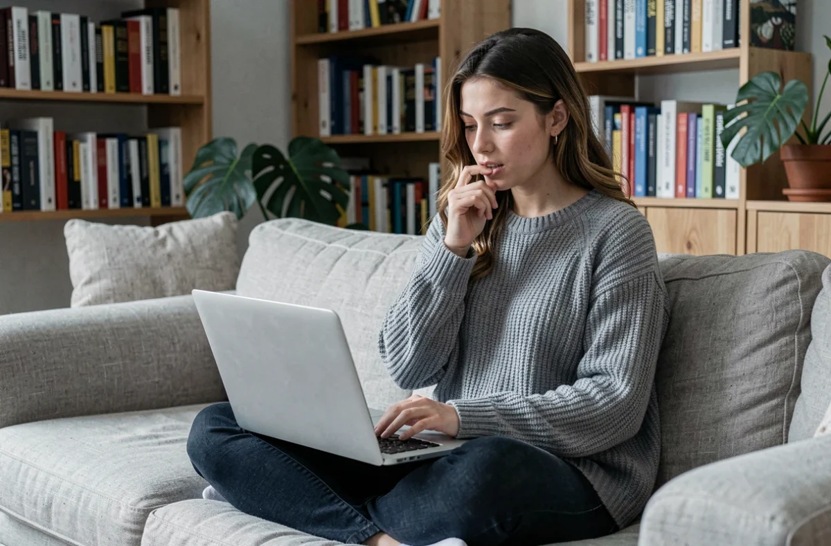 Jeune femme cherchant comment contacter Elon Musk par e-mail depuis son salon avec un ordinateur portable