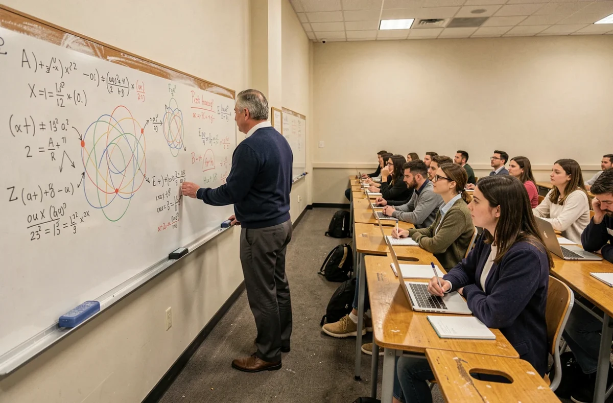 Professeur expliquant les principes de l'informatique quantique à des étudiants en amphithéâtre