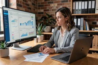 Professionnelle analysant les coûts d'optimisation d'un site web sur un tableau de bord analytique