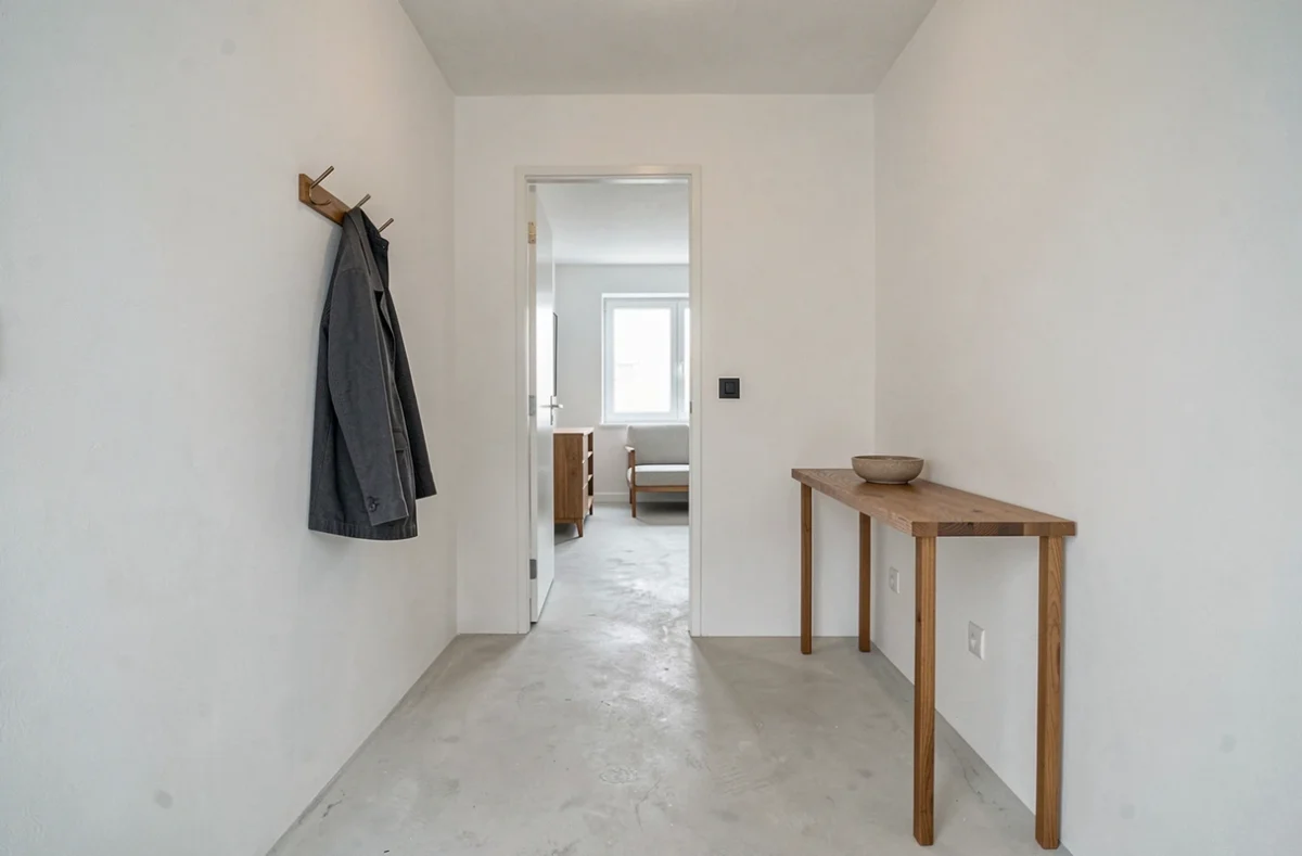 Couloir d'appartement épuré et minimaliste illustrant la création d'espace par le désencombrement architectural