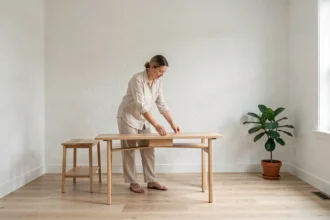 Femme réaménageant un salon minimaliste scandinave pour créer de l'espace et aérer la pièce