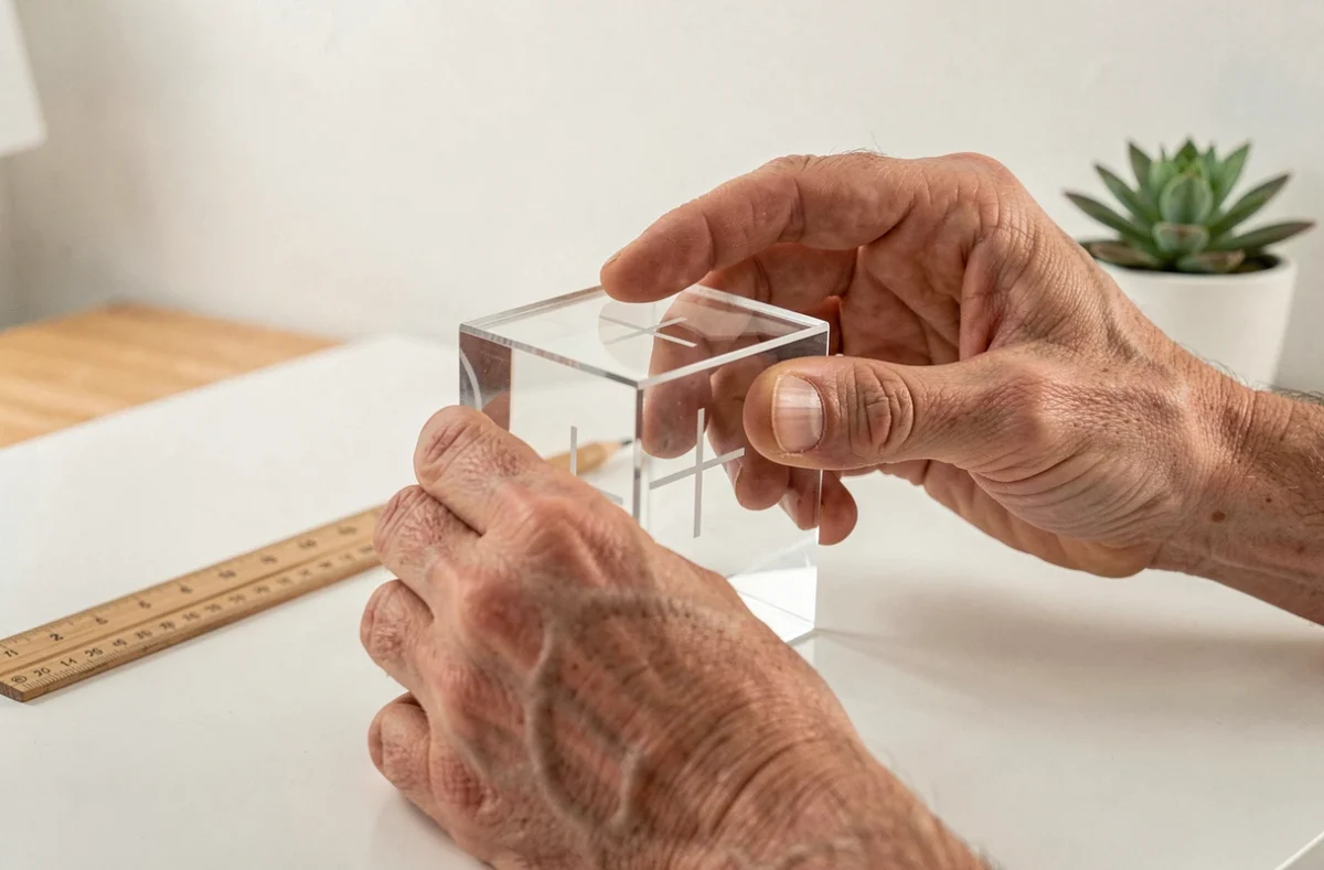 Mains adultes tenant un cube en acrylique transparent illustrant les trois dimensions géométriques sur un bureau minimaliste