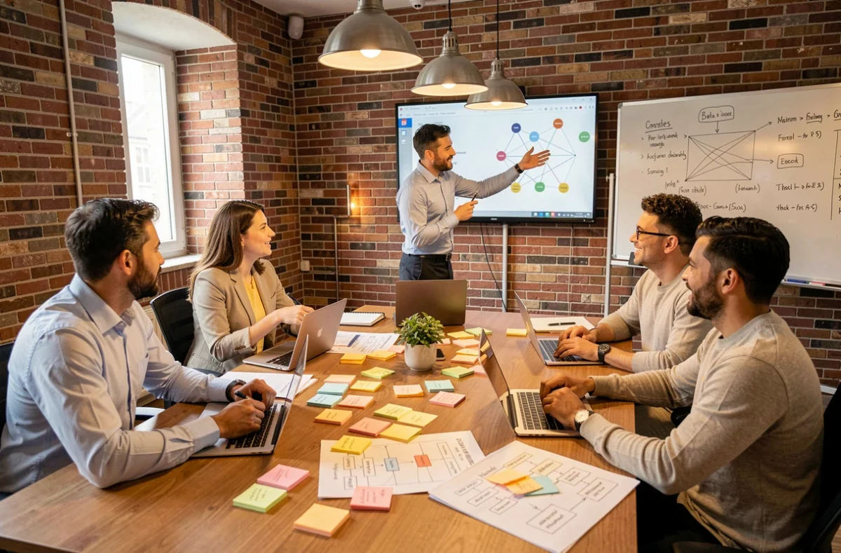 Équipe pluridisciplinaire débattant des questions éthiques liées à l'intelligence artificielle lors d'une réunion de travail collaborative