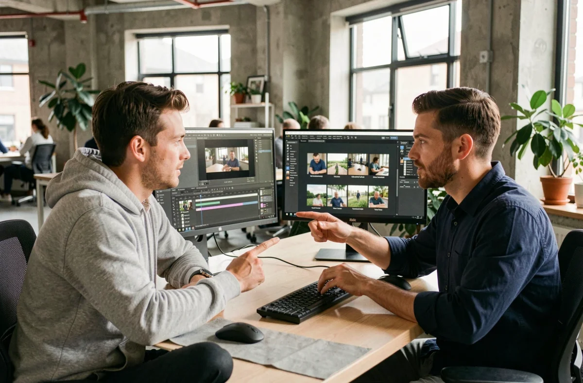 Deux créatifs comparant les formats 16:9 et 4:3 sur des moniteurs d'une station de montage professionnelle