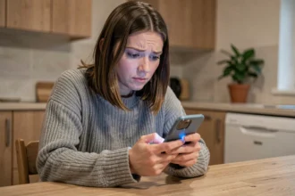 Femme consultant les paramètres de confidentialité de WhatsApp sur son smartphone dans une cuisine moderne