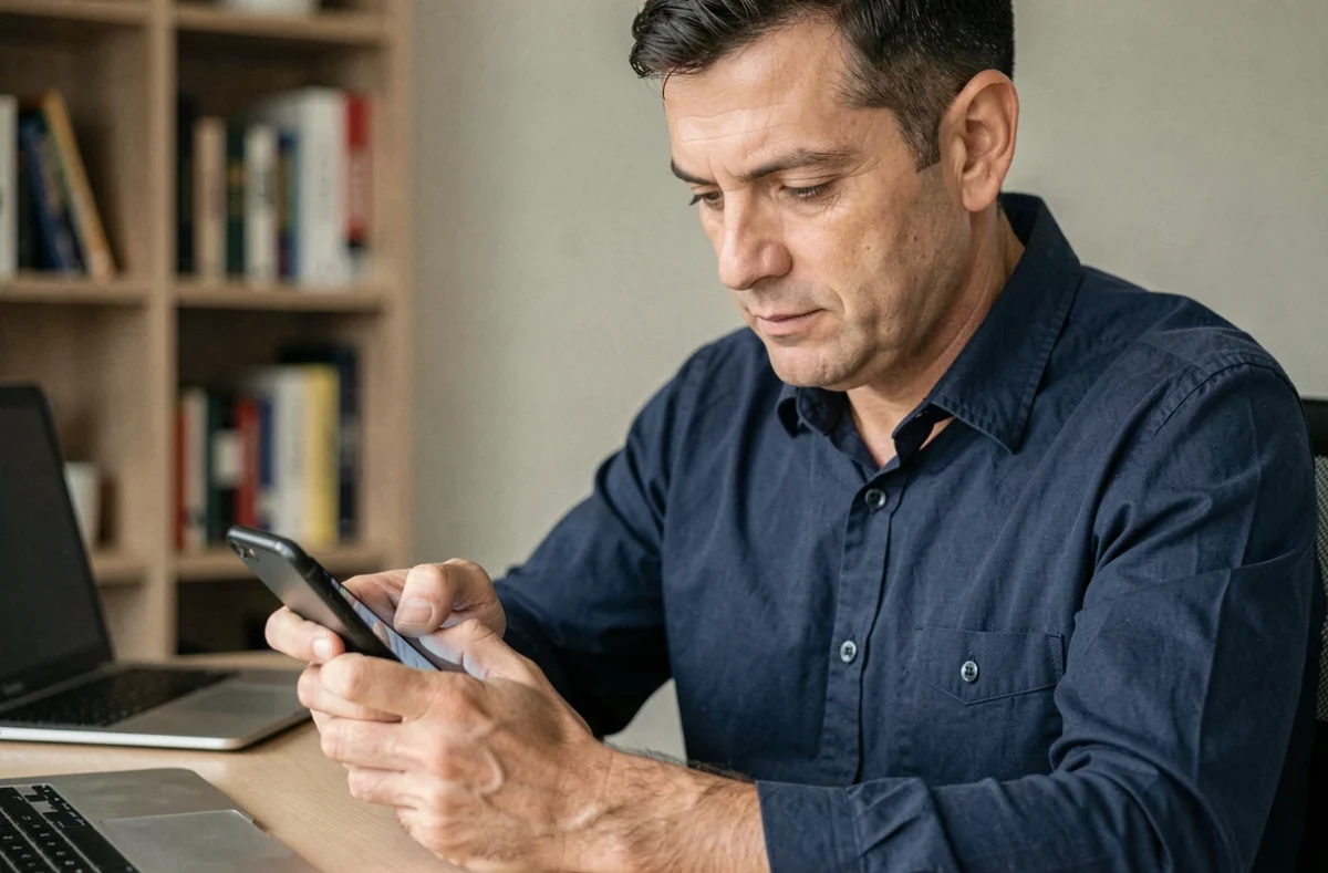 Homme désactivant le cercle bleu dans les paramètres de WhatsApp sur son téléphone au bureau