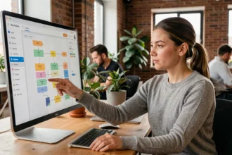 Femme développant une application sans code sur un écran tactile dans un bureau moderne