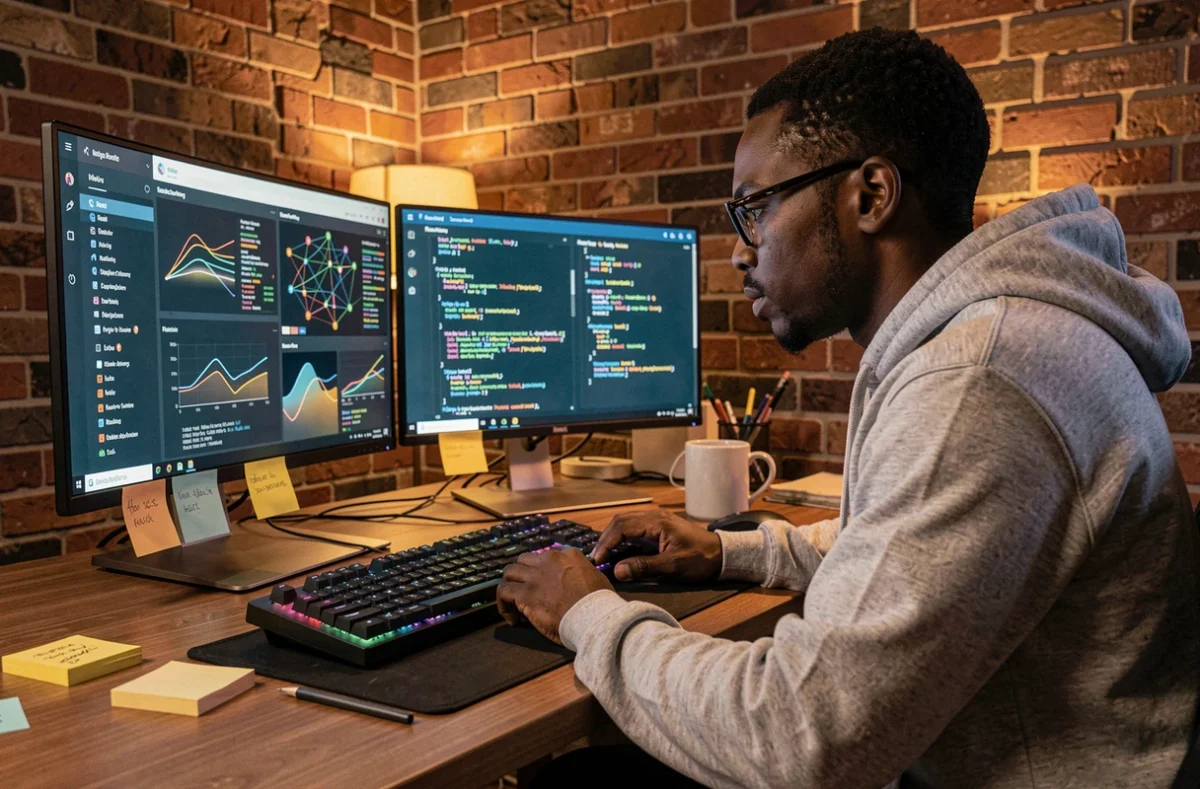 Développeur masculin travaillant sur des visualisations de données d'algorithmes de réseaux sociaux sur deux écrans dans un bureau à domicile