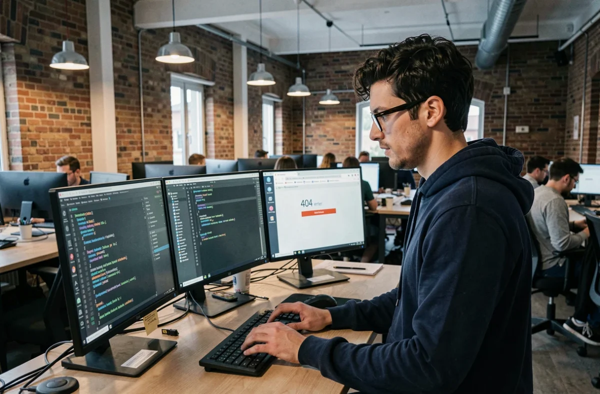 Développeur web analysant une page d'erreur 404 sur plusieurs écrans dans un bureau de startup
