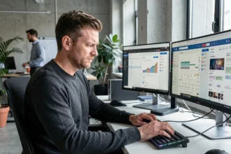 Développeur web analysant des données Google Search Console sur un double écran dans un bureau moderne, inquiet face à la pénalisation du contenu IA